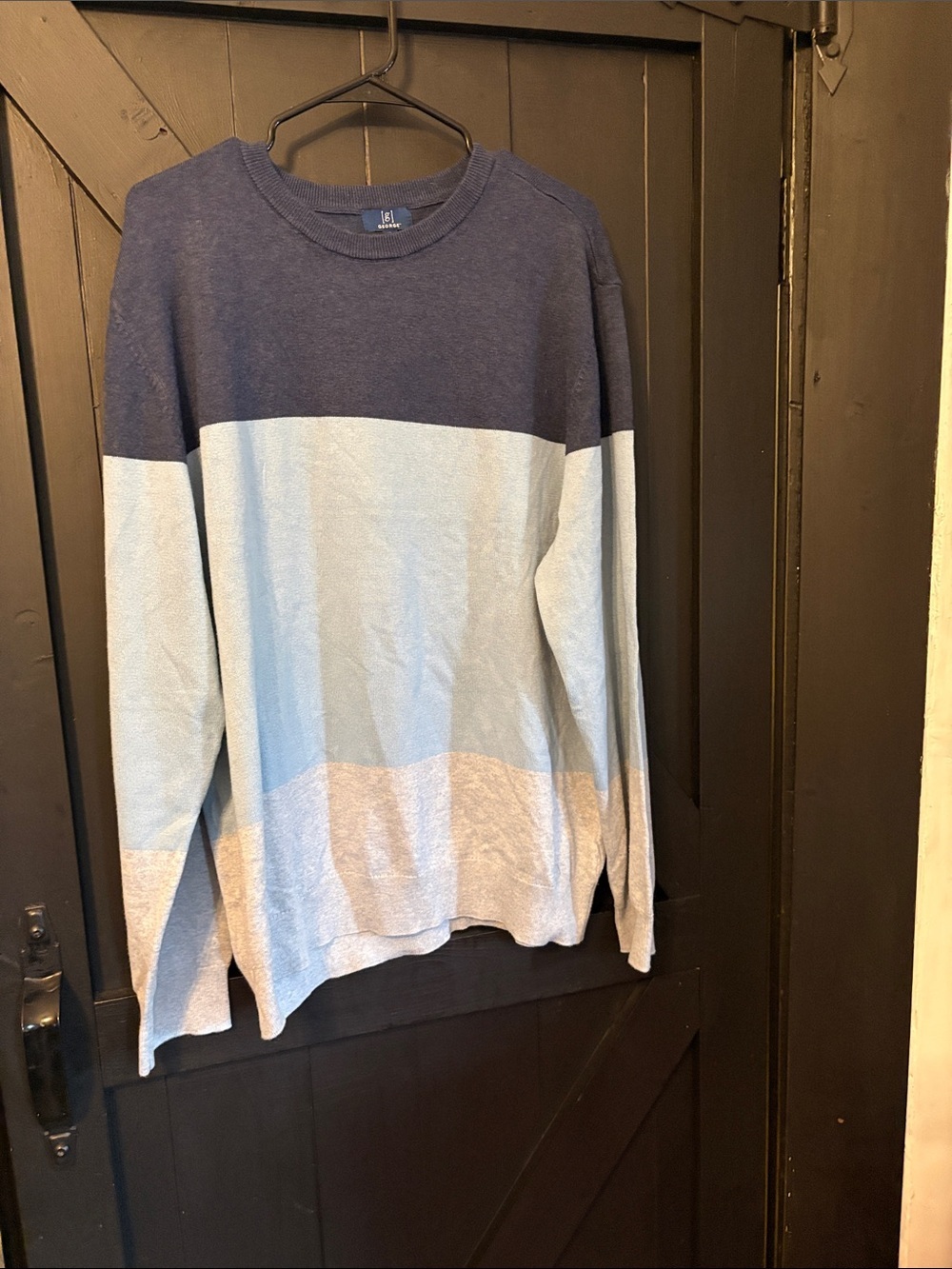 George Men’s Block-Stripe Crewneck Sweater in Navy, Light Blue, and Cream